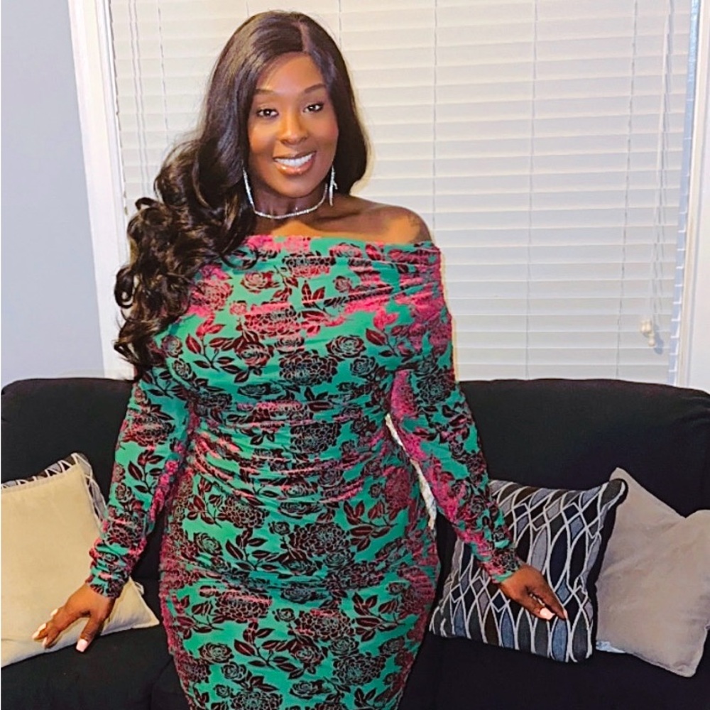 Fashion Nova Off-Shoulder Green and Pink Floral Maxi Dress